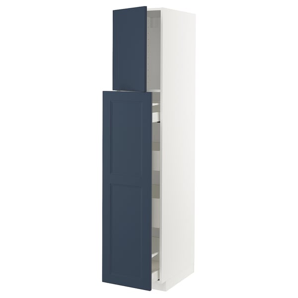 A METOD tall kitchen cabinet with deep blue axstad doors, featuring a white frame and multiple shelves.
