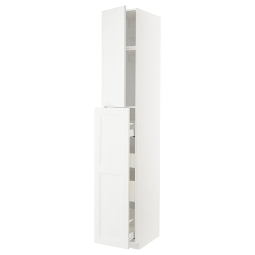 White METOD kitchen unit with adjustable shelves and drawers for storage.