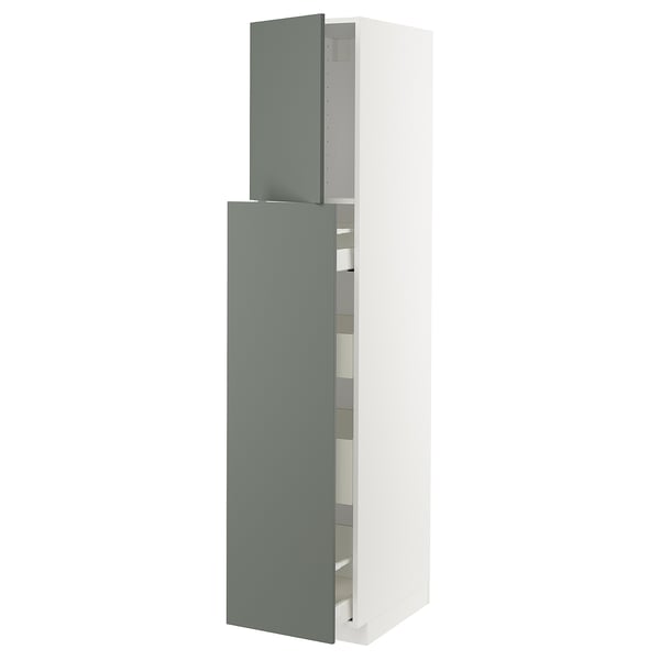 Modern grey-green kitchen cabinet, tall with multiple drawers, sleek design.