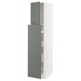 Modern grey-green kitchen cabinet, tall with multiple drawers, sleek design.