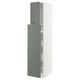 Modern grey-green kitchen cabinet, tall with multiple drawers, sleek design.