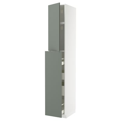 Modern tall kitchen cabinet in gray-green with white frame, multiple storage shelves and drawers.