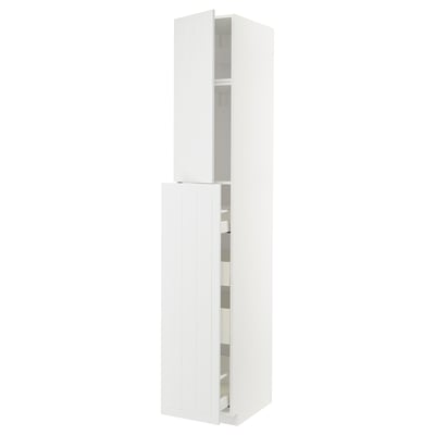 A white METOD tall kitchen unit with open doors, revealing shelves inside. The unit is sleek and modern, primarily white with clean lines.