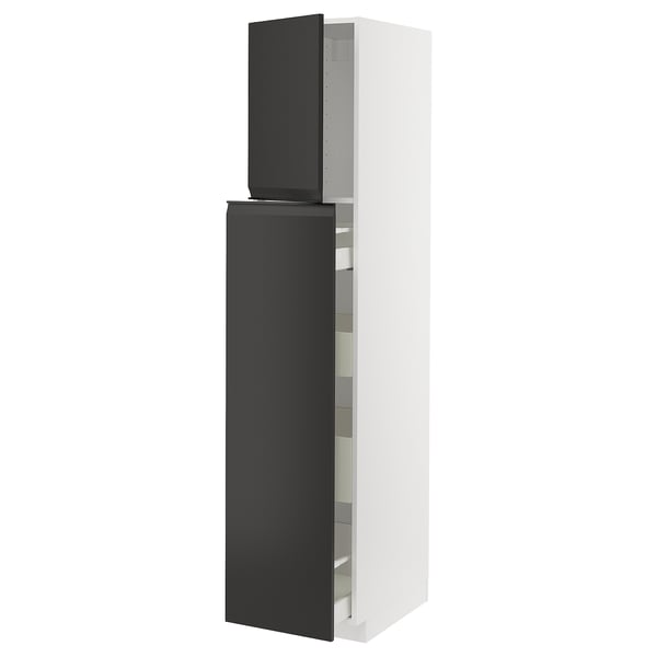 Modern black and white kitchen cabinet, tall with integrated handle and multiple compartments.