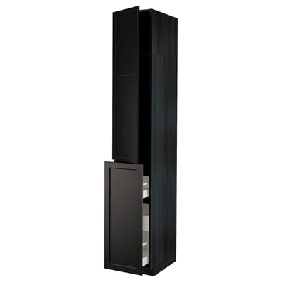 Black tall kitchen unit with open door, showcasing drawers. Modern, sleek design. Part of the METOD system.