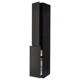 Black wooden kitchen cabinet with open door and clear shelves.