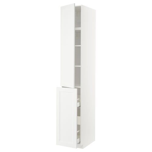 A white METOD kitchen cabinet with open doors and shelves. Its a tall, rectangular unit with modern design and multiple storage shelves.