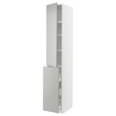 A white vertical kitchen cabinet with two doors and open inner shelves.