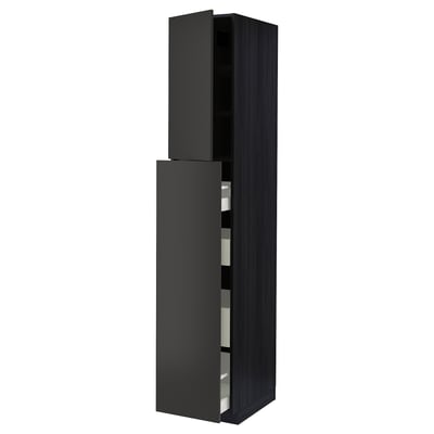 A black tall kitchen cabinet with a modern, minimalist design featuring two shelves behind one hinge door.