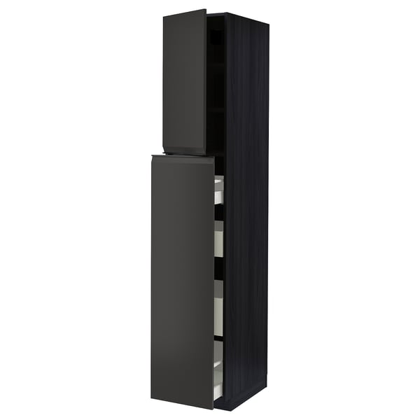 Modern black kitchen cabinet with open door and shelves. Part of the METOD system.