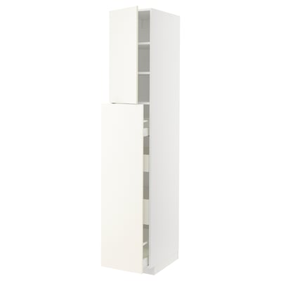 A white METOD kitchen cabinet set with shelves and drawers.