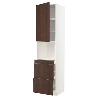 An ikea METOD kitchen unit with dark brown sinarp drawers and doors, white frame, and integrated organizer.