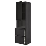 An open, tall, black wooden kitchen cabinet with three shelves and two fully extended drawers, part of the ikea METOD kitchen system.