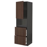 Dark brown METOD kitchen unit with two open drawers and a cabinet, featuring oak veneer and solid wood edges.