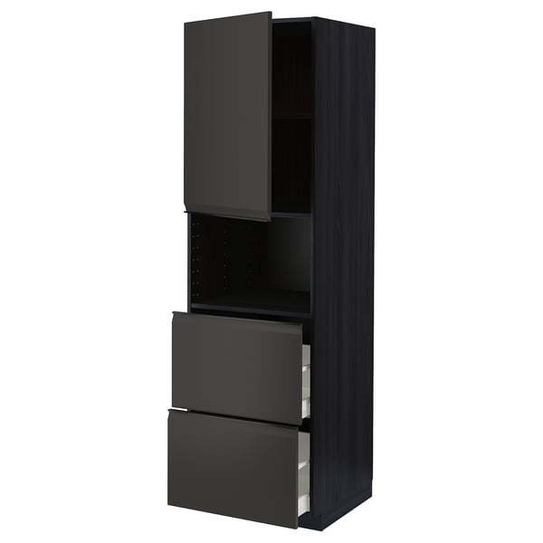 Black METOD kitchen cabinet with modern design, featuring open shelf and two drawers with soft-close mechanism.