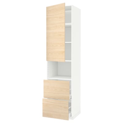 A white METOD kitchen cabinet with light ash wooden doors and drawers. It a tall slim design with multiple shelves.