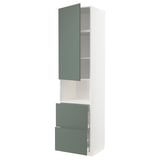 METOD white kitchen unit with green-grey doors, sleek modern design, includes shelves and drawers.