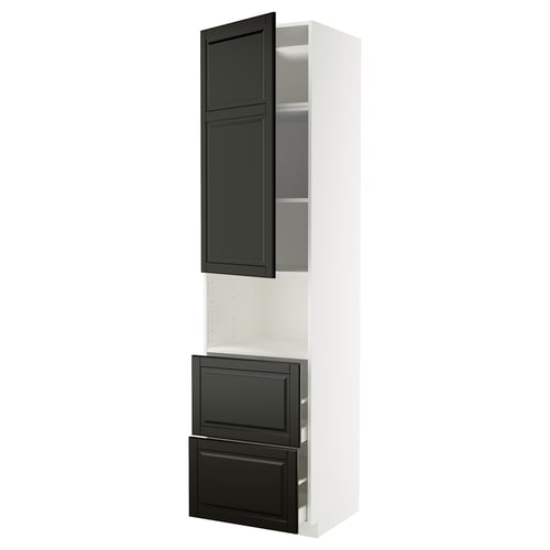White METOD cabinet with black drawers and beveled edges, modern kitchen storage.