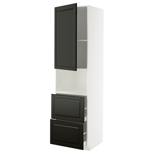 A tall, white METOD kitchen unit with black bodbyn cabinet doors, featuring a sleek modern design with beveled edges.