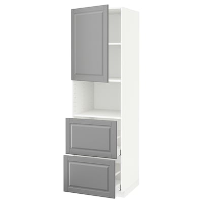 A METOD kitchen unit in white with grey bodbyn doors. It has two drawers and an open shelf, featuring a traditional design with bevelled edges.