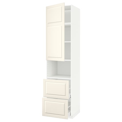 A white METOD kitchen cabinet with off-white bevelled doors and drawers. It includes two drawers and two shelves.