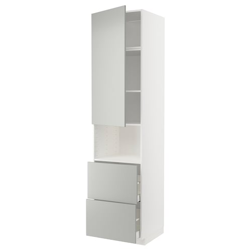 Modern white kitchen cabinet with light grey drawer fronts, sleek design. Tall cabinet with multiple storage compartments.