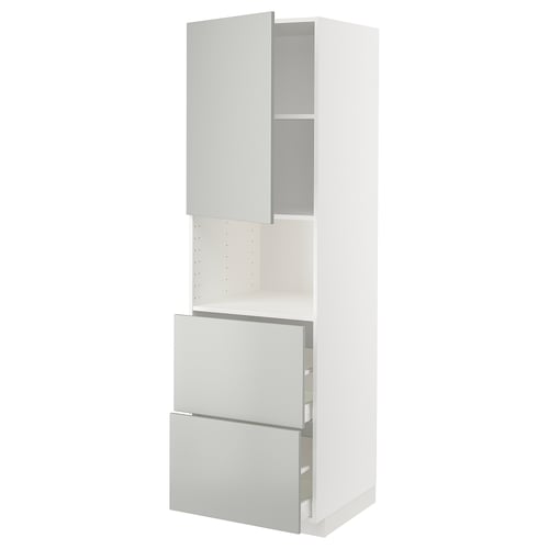 White METOD kitchen unit with grey drawers and cabinet.