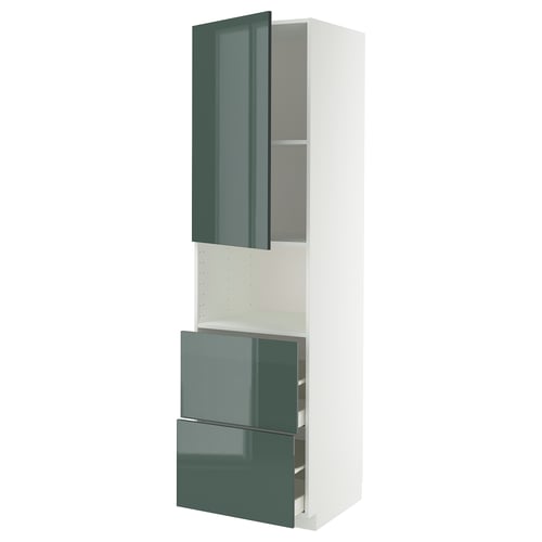 Grey-green ikea METOD kitchen cabinet with high-gloss, one door, two drawers, white frame.