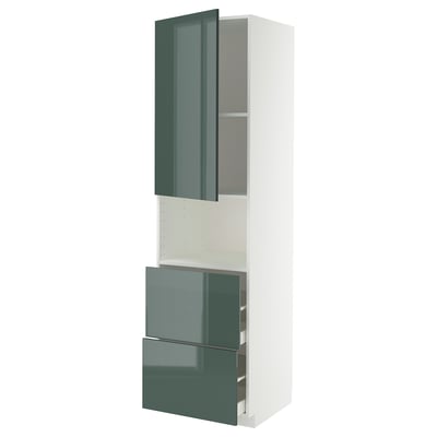Grey-green ikea METOD kitchen cabinet with high-gloss, one door, two drawers, white frame.