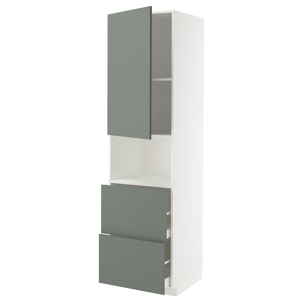 Modern kitchen unit. White with grey-green drawers. Tall, rectangular, minimalist design.
