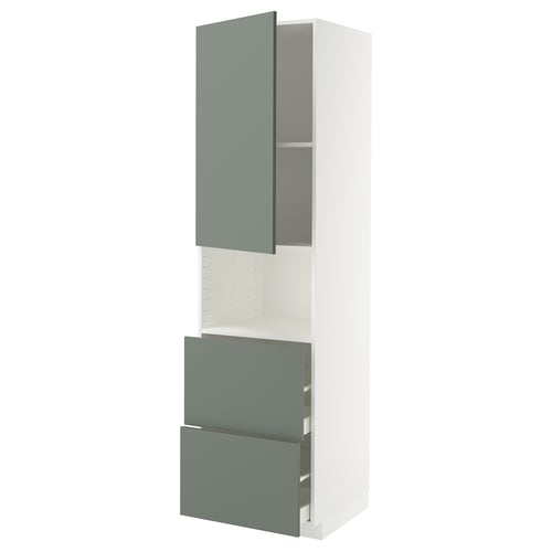Modern kitchen unit. White with grey-green drawers. Tall, rectangular, minimalist design.
