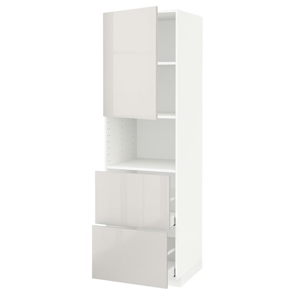 A white METOD kitchen cabinet with a high gloss finish, featuring both open shelves and drawers.