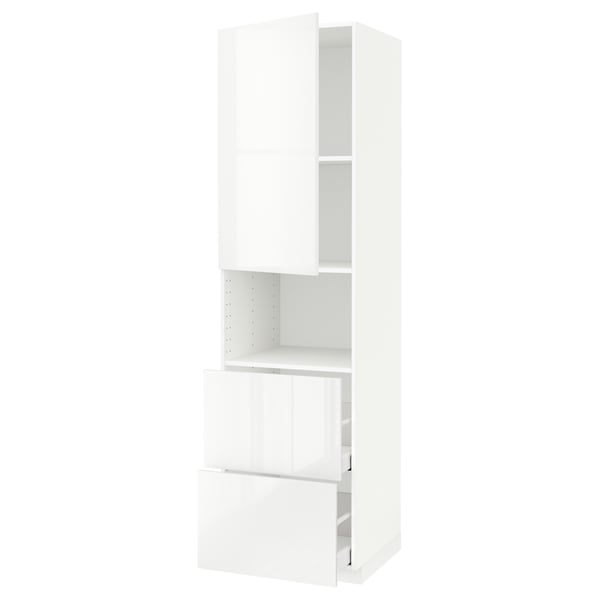 White METOD high gloss kitchen cabinet with drawers and shelves.