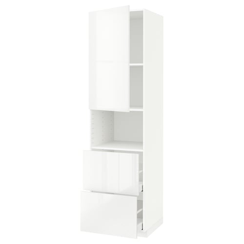 White METOD high gloss kitchen cabinet with drawers and shelves.