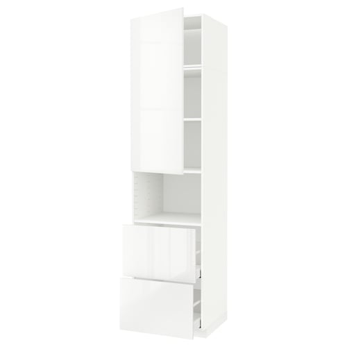 A white ikea METOD kitchen storage unit with high-gloss doors and drawer fronts, featuring a tall cabinet with shelves and a drawer.