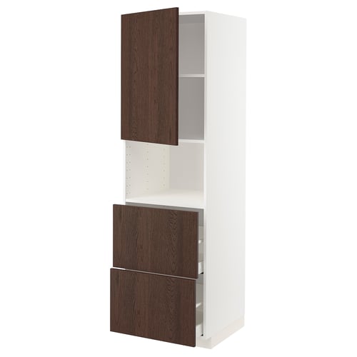 METOD kitchen unit: tall, white with dark wood drawer & door