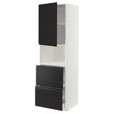 White METOD kitchen cabinet with black upplov doors and drawers. Tall, slender design with open compartment and full-extension drawers.