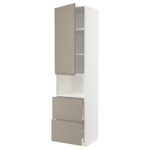 A white METOD kitchen cabinet with grey-beige handles and drawers. It a tall unit with shelves and drawers.