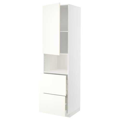 White METOD kitchen cabinet, modern, tall, with drawer and shelves.