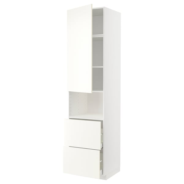A white METOD kitchen cabinet with doors and shelves. It has a modern minimalist design.
