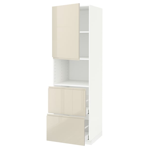 A high-gloss beige METOD cabinet with two drawers and an open shelf, modern and functional with integrated handles.