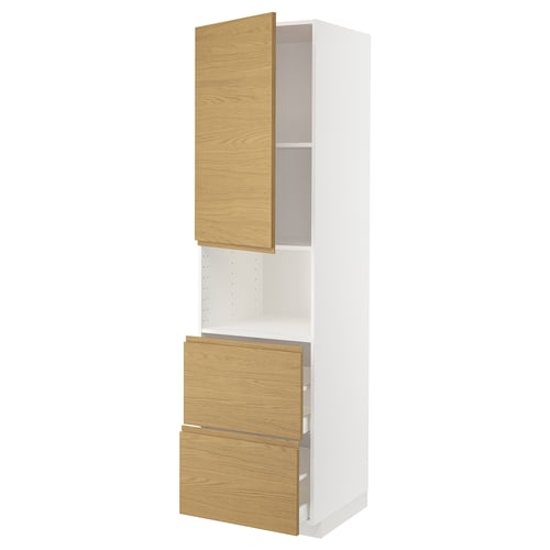 Depicts a white METOD kitchen cabinet with oak-patterned doors and drawers, featuring minimalist design and integrated handles.