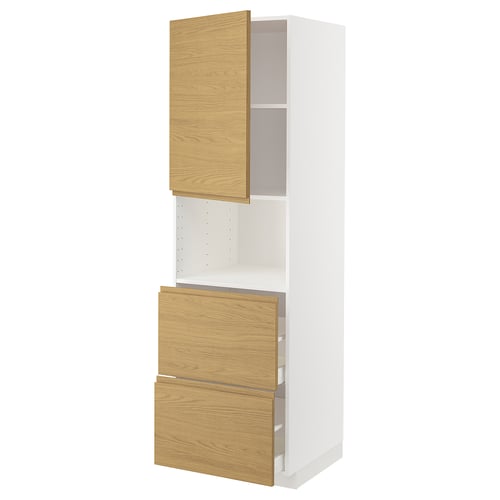 Displays a white METOD kitchen cabinet with oak-colored doors. It a minimalist design with integrated handles and two drawers below the shelf.