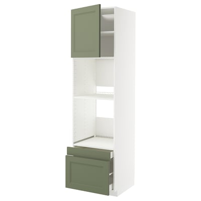 METOD kitchen unit: white frame, green doors, grey-green fronts, adjustable shelves, modern design with doors and drawers.
