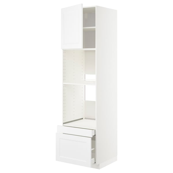 A white METOD kitchen unit with adjustable shelves and a pull-out drawer. It a modern clean design.