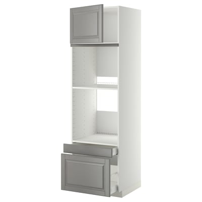 White cabinet with grey drawers, wooden, vertical shape, open shelves, modern design.