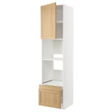 METOD kitchen cabinet with oak-veneered doors, white, tall, and rectangular with three shelves.