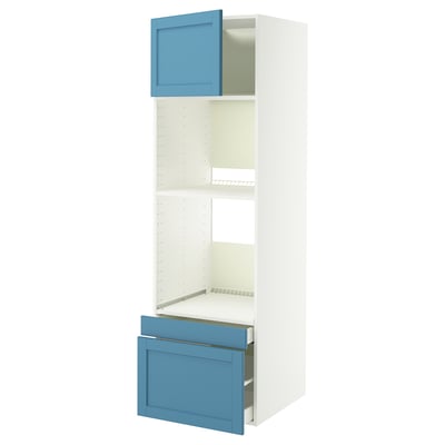 Modern white & blue cabinet with drawer, open shelf, and blue door and drawer.