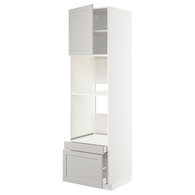 A white METOD kitchen cabinet with light grey lerhyttan fronts and beveled edges, featuring an adjustable shelf and a pull-out drawer.
