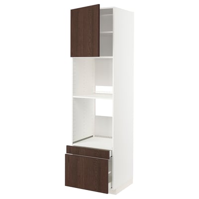 Modern white kitchen cabinet with dark brown wooden accents, adjustable shelves, and drawers.